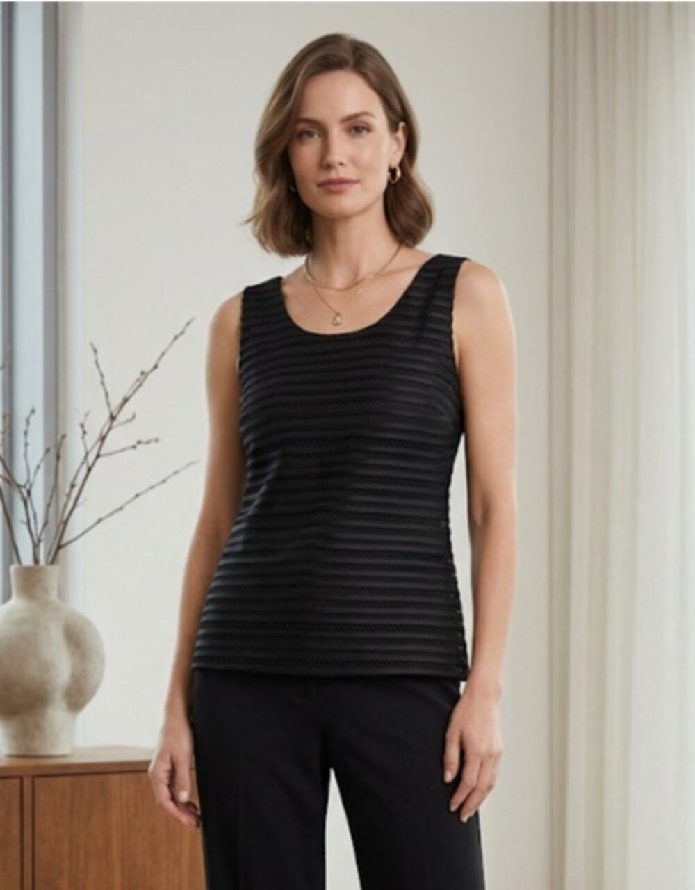 Womens Textured Scoop Neck Tank Top Sleeveless Relaxed Black‎ Blouse Size M